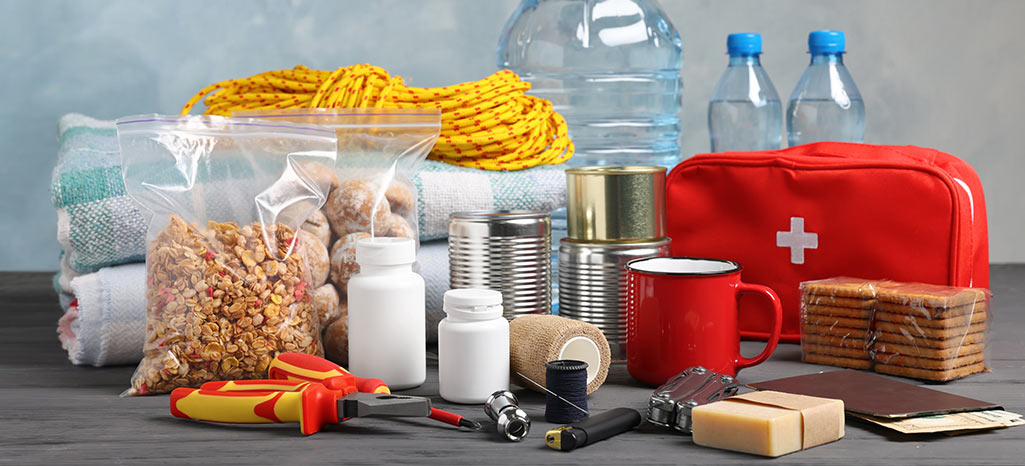 Emergency supplies displayed on a table